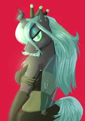 Size: 874x1240 | Tagged: safe, artist:peanutfrogy, derpibooru import, queen chrysalis, changeling, changeling queen, bedroom eyes, clothes, detached sleeves, dress, fangs, female, gloves, image, looking back, png, seductive, simple background, solo, stupid sexy chrysalis