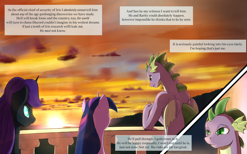 Size: 1280x800 | Tagged: safe, artist:sevireth, derpibooru import, spike, twilight sparkle, oc, oc:nyx, alicorn, dragon, pony, unicorn, tumblr:nyx contacts, balcony, canterlot, canterlot castle, castle, cloud, comic, dialogue box, female, horn, image, male, male and female, older, older spike, png, project iris, scenery, sky, sunset, trio, trio male and female, tumblr comic, unicorn twilight, winged spike, wings