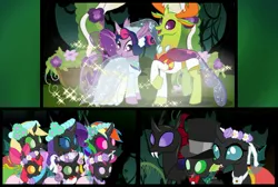 Size: 2733x1837 | Tagged: safe, artist:arkogon, derpibooru import, apple bloom, applejack, ocellus, pharynx, rainbow dash, rarity, scootaloo, spike, sweetie belle, thorax, twilight sparkle, changedling, changeling, a canterlot wedding, adorabloom, alternate ending, alternate scenario, amazed, apple sisters, belle sisters, bride, bridesmaid applejack, bridesmaid dash, bridesmaid dress, bridesmaid rarity, changeling dragon, changelingified, clothes, comic, cute, cutealoo, cutie mark crusaders, cutie mark cuties, diasweetes, dress, everfree forest, female, flower, flower girl, flower girl dress, flower in hair, g4, groom, hat, image, jpeg, male, marriage, open mouth, open smile, private wedding, ring bearer, shipping, siblings, sisters, smiling, species swap, story included, straight, suit, top hat, transformation, twirax, wedding dress