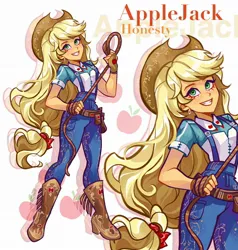 Size: 1948x2048 | Tagged: safe, artist:libbly_libby, derpibooru import, applejack, equestria girls, alternate clothes, boots, clothes, cowboy boots, cowboy hat, cowgirl, female, g4, hat, image, jpeg, lasso, overalls, rope, shoes, solo, stetson