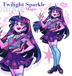 Size: 1926x2048 | Tagged: safe, artist:libbly_libby, derpibooru import, twilight sparkle, human, equestria girls, book, clothes, female, g4, horn, horned humanization, humanized, image, jpeg, knee high socks, socks, solo, stockings, thigh highs