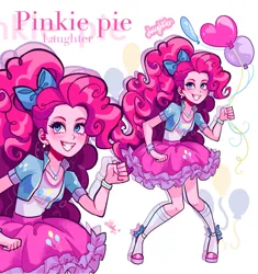 Size: 1923x2043 | Tagged: safe, artist:libbly_libby, derpibooru import, pinkie pie, equestria girls, balloon, bow, clothes, g4, grin, hair bow, happy, image, jpeg, smiling, socks, solo