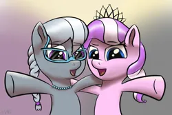 Size: 2048x1365 | Tagged: safe, artist:maonyman, derpibooru import, diamond tiara, silver spoon, earth pony, pony, braid, braided ponytail, duo, female, filly, foal, glasses, happy, hug, image, jewelry, looking at you, necklace, open mouth, png, ponytail, shading, smiling, tiara