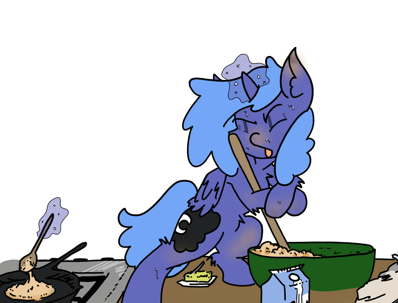 Size: 3601x2747 | Tagged: safe, artist:ponny, derpibooru import, princess luna, twilight sparkle, twilight sparkle (alicorn), alicorn, pony, bag, bowl, colored, cooking, female, filly, flour, foal, image, magic, messy, milk, mixing bowl, plastic, plastic bag, png, solo, telekinesis, tongue out, wooden spoon, woona, younger