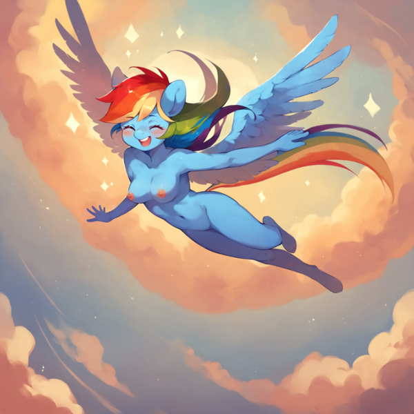 Size: 1024x1024 | Tagged: questionable, ai content, derpibooru import, machine learning generated, prompter:gullveigai, stable diffusion, rainbow dash, anthro, breasts, eyes closed, female, flying, g4, generator:pony diffusion v6 xl, image, nipples, nudity, png, solo, solo female