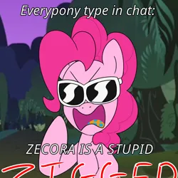 Size: 900x900 | Tagged: safe, artist:unitxxvii, derpibooru import, pinkie pie, earth pony, pony, bridle gossip, bust, female, g4, image, implied zecora, looking at you, mare, open mouth, png, solo, spitty pie, sunglasses, text