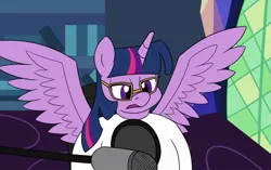 Size: 1150x720 | Tagged: safe, artist:unitxxvii, derpibooru import, twilight sparkle, twilight sparkle (alicorn), alicorn, pony, bust, female, glasses, image, jpeg, mare, microphone, open mouth, solo, spread wings, twilight's castle, wings