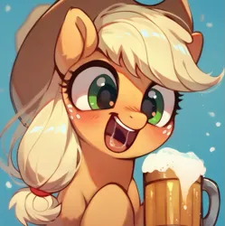 Size: 923x927 | Tagged: safe, ai content, derpibooru import, machine learning assisted, machine learning generated, stable diffusion, applejack, earth pony, pony, alcohol, applejack's hat, beer, beer bottle, big eyes, blue background, blushing, bottle, cowboy hat, cute, enjoying, g4, generator:purplesmart.ai, green eyes, happy, happy face, hat, image, open mouth, open smile, png, prompter:saltyvity, simple background, smiling, solo, yellow mane