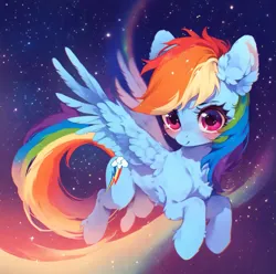 Size: 923x917 | Tagged: safe, ai content, derpibooru import, machine learning assisted, machine learning generated, stable diffusion, rainbow dash, pegasus, pony, beautiful, blushing, cute, detailed hair, ear fluff, fluffy, g4, generator:purplesmart.ai, image, looking at you, multicolored hair, night, pink eyes, png, prompter:saltyvity, rainbow, rainbow hair, shy, smiling, smiling at you, solo, space, sparkles, stars