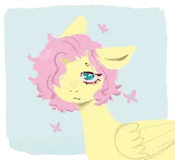 Size: 389x355 | Tagged: safe, artist:vedacia, derpibooru import, fluttershy, butterfly, insect, pegasus, pony, bust, image, pink mane, png, portrait, short hair, simple background, solo, transparent background, yellow coat