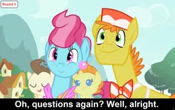 Size: 1920x1207 | Tagged: safe, derpibooru import, carrot cake, cup cake, pound cake, pumpkin cake, earth pony, pegasus, pony, unicorn, comic:celestia's servant interview, baby cakes, bowtie, cap, clothes, colt, cs captions, ear piercing, earring, female, filly, foal, g4, hat, image, jewelry, looking at you, male, mare, piercing, png, ponyville, smiling, smiling at you, stallion