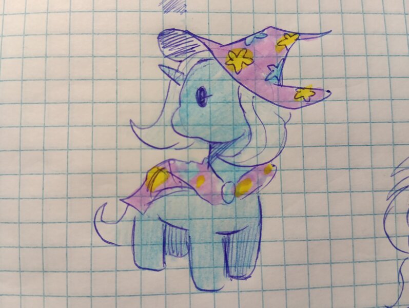 Size: 2048x1542 | Tagged: safe, artist:enjoy_mayer, derpibooru import, trixie, pony, unicorn, blue coat, brooch, cape, chibi, clothes, cute, diatrixes, female, g4, graph paper, hat, image, jewelry, jpeg, mare, paper, solo, traditional art, trixie's brooch, trixie's cape, trixie's hat, turned head