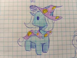 Size: 2048x1542 | Tagged: safe, artist:enjoy_mayer, derpibooru import, trixie, pony, unicorn, blue coat, brooch, cape, chibi, clothes, cute, diatrixes, female, g4, graph paper, hat, image, jewelry, jpeg, mare, paper, solo, traditional art, trixie's brooch, trixie's cape, trixie's hat, turned head