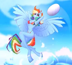 Size: 1680x1512 | Tagged: suggestive, artist:elektra-gertly, derpibooru import, rainbow dash, anthro, pegasus, unguligrade anthro, bikini, breasts, clothes, cloud, flying, image, png, sky, sports, swimsuit, volleyball