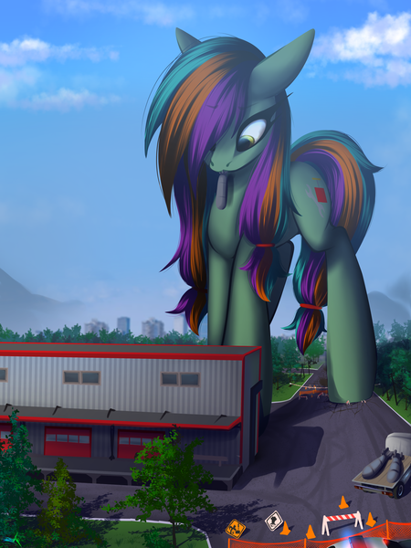 Size: 3000x4000 | Tagged: safe, artist:darky_wings, derpibooru import, oc, unofficial characters only, earth pony, pony, bomb, city, commission, demolition, destruction, female, giantess, image, looking down, macro, macro/micro, micro, png, solo, tree, warehouse, weapon