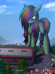 Size: 3000x4000 | Tagged: safe, artist:darky_wings, derpibooru import, oc, unofficial characters only, earth pony, pony, bomb, city, commission, demolition, destruction, female, giantess, image, looking down, macro, macro/micro, micro, png, solo, tree, warehouse, weapon