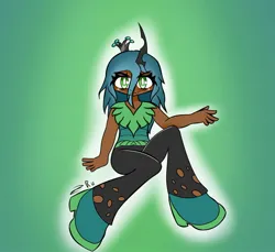 Size: 1861x1707 | Tagged: safe, artist:ru, derpibooru import, queen chrysalis, human, clothes, dark skin, fangs, female, g4, horn, horned humanization, humanized, image, jpeg, looking at you, pants, shirt, shoes, signature, solo