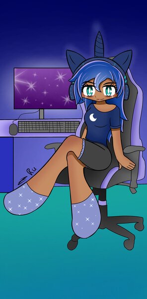 Size: 1707x3458 | Tagged: safe, artist:ru, derpibooru import, princess luna, human, gamer luna, chair, clothes, computer mouse, fake ears, fake horn, g4, headphones, humanized, image, indoors, jpeg, keyboard, looking at you, moderate dark skin, monitor, office chair, shirt, shorts, signature, sitting, solo