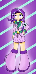 Size: 1707x3458 | Tagged: safe, artist:ru, derpibooru import, starlight glimmer, human, blushing, boots, clothes, dress, g4, hand on hip, humanized, image, jpeg, light skin, looking at you, necktie, shoes, signature, smiling, solo, striped background