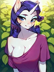 Size: 3072x4096 | Tagged: suggestive, ai content, derpibooru import, machine learning generated, stable diffusion, rarity, anthro, pony, unicorn, big breasts, breasts, bush, cleavage, g4, generator:pony diffusion v6 xl, image, jpeg, leaf, loose fitting clothes, prompter:frw, solo, stupid sexy rarity