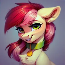 Size: 1024x1024 | Tagged: safe, ai content, derpibooru import, machine learning generated, prompter:doom9454, stable diffusion, roseluck, pony, bust, collar, cute, fluffy, generator:pony diffusion v6 xl, grin, image, looking at you, pet tag, png, pony pet, portrait, rosepet, smiling