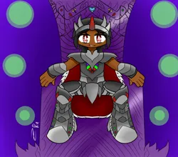 Size: 1936x1707 | Tagged: safe, artist:ru, derpibooru import, king sombra, human, armor, cape, clothes, colored horn, curved horn, g4, horn, horned humanization, humanized, image, jpeg, male, moderate dark skin, signature, sitting, solo, sombra horn, throne