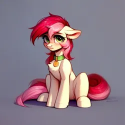 Size: 1024x1024 | Tagged: safe, ai content, derpibooru import, machine learning generated, prompter:doom9454, stable diffusion, roseluck, pony, collar, cute, fluffy, generator:pony diffusion v6 xl, image, looking at you, pet tag, png, pony pet, rosepet, sitting