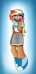 Size: 1707x3458 | Tagged: safe, artist:ru, derpibooru import, rainbow dash, human, belly button, belt, clothes, female, g4, humanized, image, jpeg, looking at you, midriff, moderate dark skin, shirt, shoes, shorts, smiling, smiling at you, solo