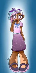 Size: 1707x3458 | Tagged: safe, artist:ru, derpibooru import, violette rainbow, human, g5, clothes, dark skin, female, humanized, image, jpeg, looking at you, open mouth, open smile, shoes, signature, smiling, solo, vitiligo