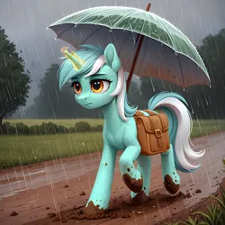 Size: 2048x2048 | Tagged: safe, ai content, derpibooru import, machine learning generated, prompter:adorablebluefox, stable diffusion, lyra heartstrings, pony, unicorn, bag, dirt, dirt road, dirty, female, g4, generator:pony diffusion v6 xl, image, magic, magic aura, mare, png, rain, saddle bag, solo, tail, tired, umbrella, walking