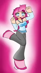 Size: 2022x3628 | Tagged: safe, artist:ru, derpibooru import, pinkie pie, human, arm warmers, belt, blushing, breasts, clothes, female, g4, humanized, image, jpeg, lifted leg, light skin, looking at you, open mouth, open smile, pants, raised arms, shirt, shoes, signature, smiling, smiling at you, solo