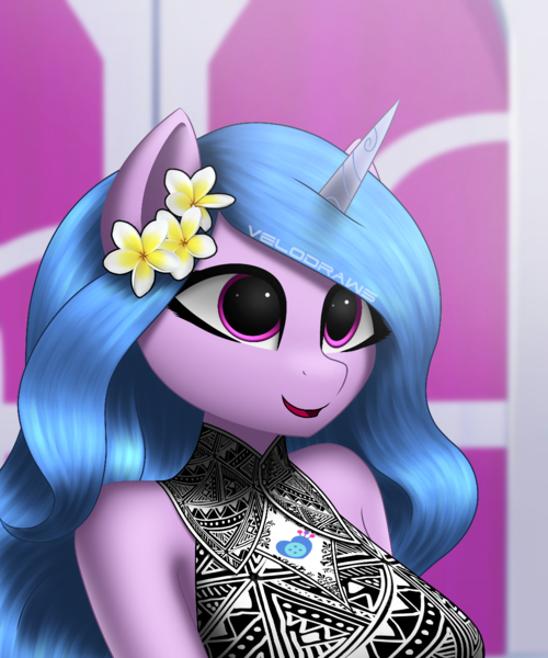 Size: 2000x2400 | Tagged: safe, artist:aryatheeditor, artist:velodraws, derpibooru import, izzy moonbow, anthro, unicorn, g5, bare shoulders, beautiful, clothes, crystal brighthouse, cute, cutie mark, cutie mark on clothes, dress, flower, flower in hair, image, izzybetes, looking up, png, sleeveless, smiling