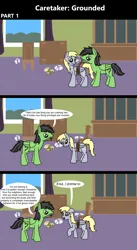 Size: 1920x3516 | Tagged: safe, artist:platinumdrop, derpibooru import, derpy hooves, oc, oc:anon, oc:anon stallion, pegasus, pony, comic:caretaker: grounded, series:caretaker, 3 panel comic, abuse, accident, avoiding eye contact, bound wings, bowl, broken, broken plate, caretaker, chair, comic, commission, crash, crying, curtains, derpybuse, dialogue, dining room, domestic abuse, duo, duo male and female, female, floppy ears, folded wings, food, furniture, g4, image, indoors, lettuce, looking at each other, looking at someone, looking away, looking back, looking down, male, mare, mouth hold, open mouth, plate, png, punishment, raised hoof, rope, sad, sad pony, salad, scolding, scrunchy face, series, speech bubble, stallion, stern, stubble, table, talking, tears of sadness, teary eyes, tomato, tying, window, wings