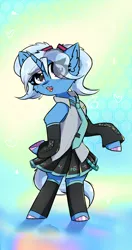 Size: 2160x4096 | Tagged: safe, artist:jubyskylines, derpibooru import, trixie, pony, semi-anthro, unicorn, abstract background, bipedal, clothes, colored hooves, cosplay, costume, cute, cute little fangs, fangs, female, g4, hatsune miku, image, leggings, mare, necktie, open mouth, pigtails, png, shirt, skirt, solo, twintails, vocaloid