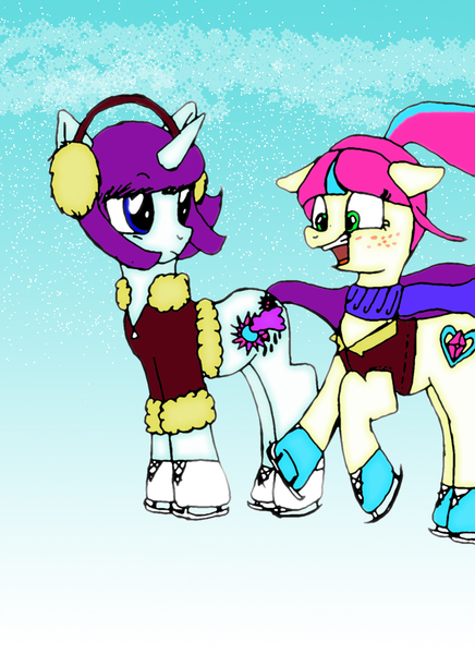 Size: 1275x1754 | Tagged: safe, artist:redlaserartist, derpibooru import, oc, unofficial characters only, earth pony, pony, unicorn, clothes, coat, duo, duo female, earmuffs, earth pony oc, female, freckles, g4, horn, ice skates, ice skating, image, jpeg, looking back, mare, open mouth, open smile, skates, smiling, snow, snowfall, unicorn oc