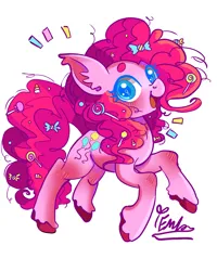 Size: 2400x3000 | Tagged: safe, artist:redlaserartist, derpibooru import, pinkie pie, earth pony, pony, blushing, candy, candy in hair, cutie mark eyes, emanata, female, food, g4, image, knee blush, looking at you, mare, open mouth, open smile, png, signature, simple background, smiling, solo, tail, unshorn fetlocks, white background, wingding eyes