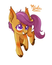 Size: 2400x3000 | Tagged: safe, artist:redlaserartist, derpibooru import, scootaloo, pegasus, pony, blushing, cutie mark eyes, ear fluff, female, filly, foal, g4, grin, image, knee blush, png, signature, simple background, smiling, solo, tail, unshorn fetlocks, white background, wingding eyes