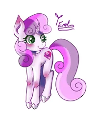 Size: 2400x3000 | Tagged: safe, artist:redlaserartist, derpibooru import, sweetie belle, pony, unicorn, blushing, curved horn, cutie mark eyes, ear blush, female, filly, foal, g4, horn, image, knee blush, looking at you, png, signature, simple background, smiling, smiling at you, solo, tail, unshorn fetlocks, white background, wingding eyes