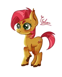 Size: 2400x3000 | Tagged: safe, artist:redlaserartist, derpibooru import, babs seed, earth pony, pony, blushing, cutie mark eyes, female, filly, foal, g4, image, knee blush, png, raised hoof, signature, simple background, smiling, solo, tail, unshorn fetlocks, white background, wingding eyes