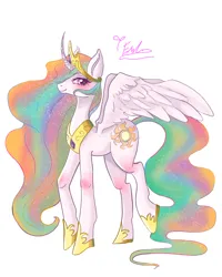 Size: 2400x3000 | Tagged: safe, artist:redlaserartist, derpibooru import, princess celestia, alicorn, pony, blushing, crown, curved horn, cutie mark eyes, female, g4, hoof shoes, horn, horn pattern, image, jewelry, knee blush, mare, peytral, png, princess shoes, raised leg, regalia, signature, simple background, smiling, solo, spread wings, tail, white background, wingding eyes, wings