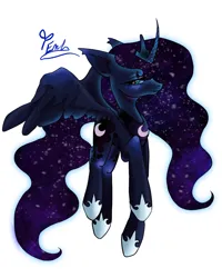 Size: 2400x3000 | Tagged: safe, artist:redlaserartist, derpibooru import, princess luna, alicorn, pony, blushing, curved horn, cutie mark eyes, female, flying, g4, hoof shoes, horn, image, jewelry, knee blush, lidded eyes, mare, peytral, png, princess shoes, regalia, signature, simple background, solo, spread wings, tail, tiara, white background, wingding eyes, wings