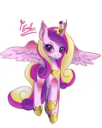 Size: 2400x3000 | Tagged: safe, artist:redlaserartist, derpibooru import, princess cadance, alicorn, pony, blushing, crown, cutie mark eyes, female, g4, heart, heart eyes, hoof shoes, image, jewelry, knee blush, mare, peytral, png, princess shoes, regalia, signature, simple background, smiling, solo, spread wings, tail, white background, wingding eyes, wings