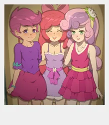 Size: 1400x1600 | Tagged: safe, artist:rockset, derpibooru import, apple bloom, scootaloo, sweetie belle, human, equestria girls, equestria girls (movie), accessories, apple bloom's bow, blushing, bow, clothes, collarbone, cutie mark crusaders, dress, eyelashes, eyes closed, fall formal, fall formal outfits, female, flower, flower in hair, g4, hair accessory, hair bow, hands on waist, headband, humanized, image, open mouth, open smile, pixiv, png, polaroid, skirt, trio, trio female, young
