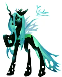 Size: 2400x3000 | Tagged: safe, artist:redlaserartist, derpibooru import, queen chrysalis, changeling, changeling queen, blushing, fangs, female, g4, hoof on chest, horn, image, knee blush, open mouth, open smile, png, raised hoof, signature, simple background, smiling, solo, spread wings, tail, white background, wings