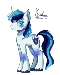 Size: 2400x3000 | Tagged: safe, artist:redlaserartist, derpibooru import, shining armor, pony, unicorn, blushing, cutie mark eyes, g4, horn, horn pattern, image, knee blush, male, png, signature, simple background, solo, stallion, tail, unshorn fetlocks, white background, wingding eyes