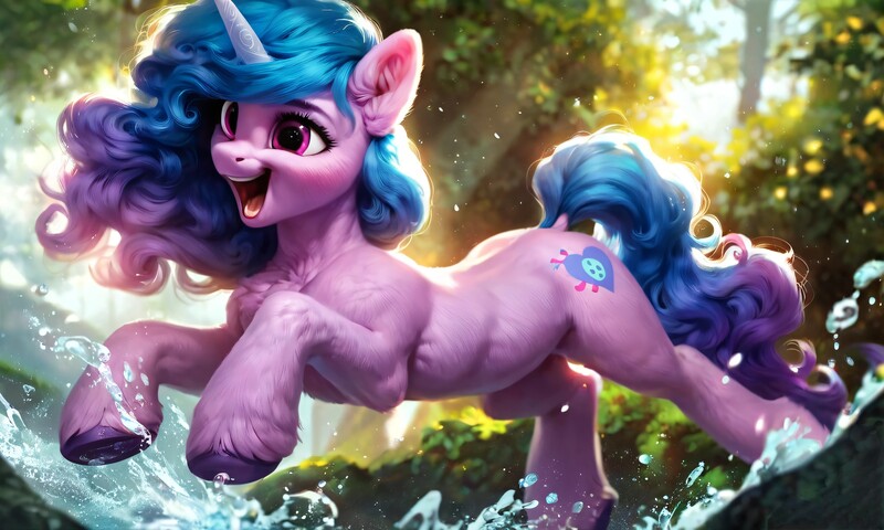 Size: 5120x3072 | Tagged: safe, ai content, derpibooru import, machine learning generated, prompter:kluknawa235, stable diffusion, izzy moonbow, unicorn, g5, chest fluff, ear fluff, generator:pony diffusion v6 xl, generator:purplesmart.ai, image, jpeg, smiling, splash, tree, water