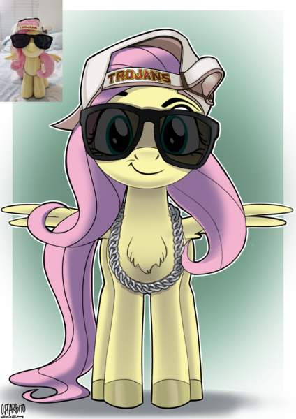 Size: 2480x3508 | Tagged: safe, alternate version, artist:ostarbito, derpibooru import, fluttershy, pegasus, pony, backwards ballcap, baseball cap, cap, caption, chains, chest fluff, female, green background, green eyes, hat, image, image macro, long tail, looking at you, mare, photo, pink mane, png, reference, simple background, smug, speech bubble, spread wings, standing, sunglasses, tail, text, thug, thug life, wings, yellow coat