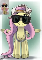 Size: 2480x3508 | Tagged: safe, alternate version, artist:ostarbito, derpibooru import, fluttershy, pegasus, pony, backwards ballcap, baseball cap, cap, caption, chains, chest fluff, female, green background, green eyes, hat, image, image macro, long tail, looking at you, mare, photo, pink mane, png, reference, simple background, smug, speech bubble, spread wings, standing, sunglasses, tail, text, thug, thug life, wings, yellow coat
