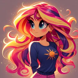 Size: 1024x1024 | Tagged: safe, ai content, derpibooru import, machine learning generated, prompter:rainbowsonicart, stable diffusion, sunset shimmer, human, equestria girls, female, g4, image, looking at something, png, solo
