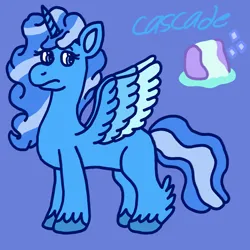 Size: 1500x1500 | Tagged: safe, artist:mintwhistle, derpibooru import, oc, oc:cascade, unofficial characters only, alicorn, pony, g5, alicorn oc, blue background, colored hooves, colored wings, cutie mark, feathered fetlocks, female, frown, g5 oc, horn, image, looking back, mare, multicolored wings, png, serious, simple background, solo, spread wings, tail, two toned mane, two toned tail, unshorn fetlocks, wings